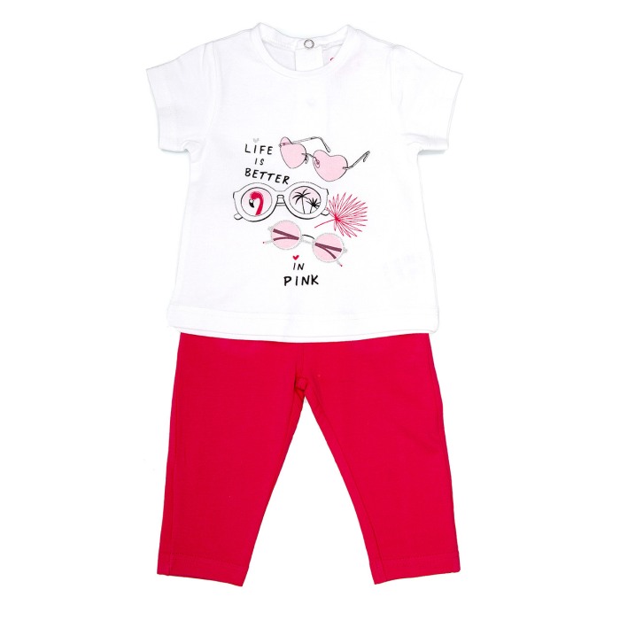 Set 2 piese bumbac bebe fetita, tricou alb si colant roz, Babybol Barcelona [1]