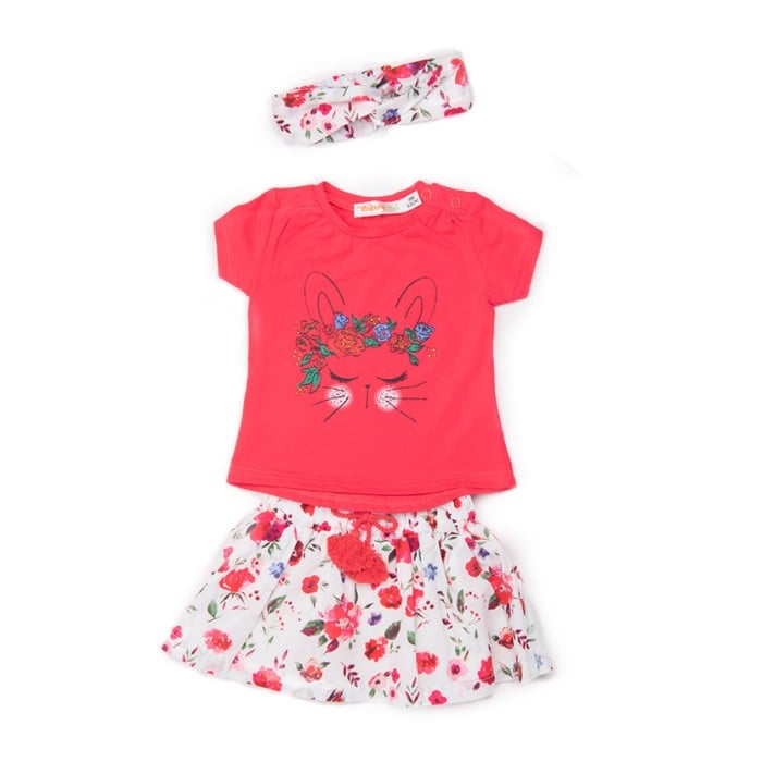 Set 3 piese fete, tricou fucsia cu fusta imprimeu floral si bandana , Babybol [1]