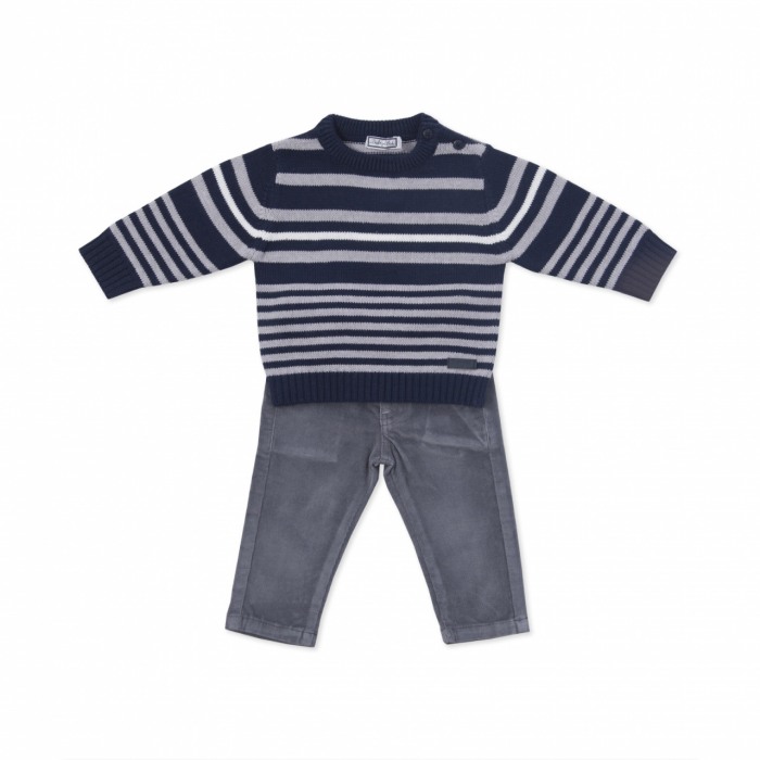 Set baby baiat pulover cu pantalon raiat gri , Babybol [1]