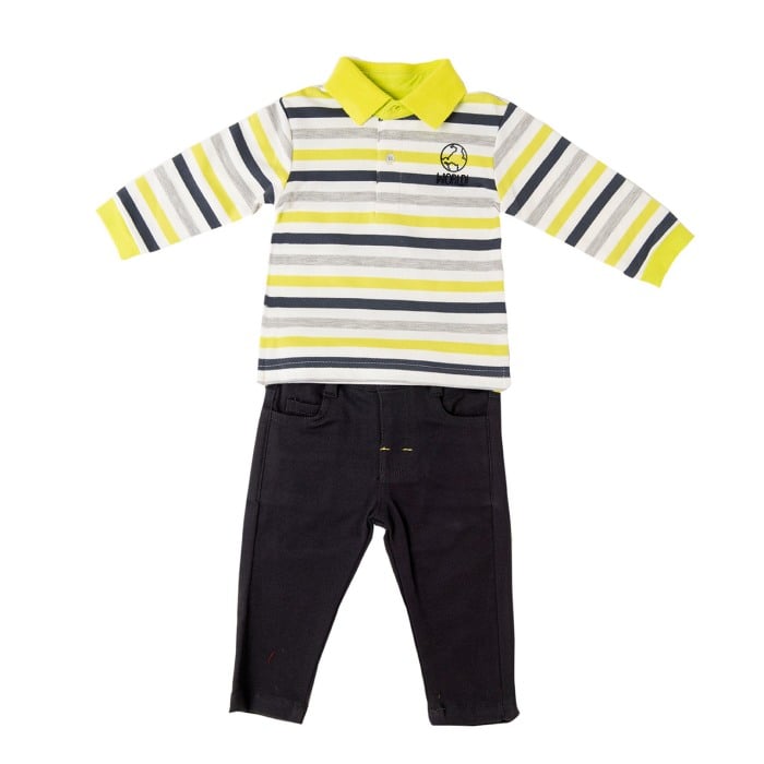Set baiat, tricou polo dungi verzi si pantalon lung gri, Babybol [1]