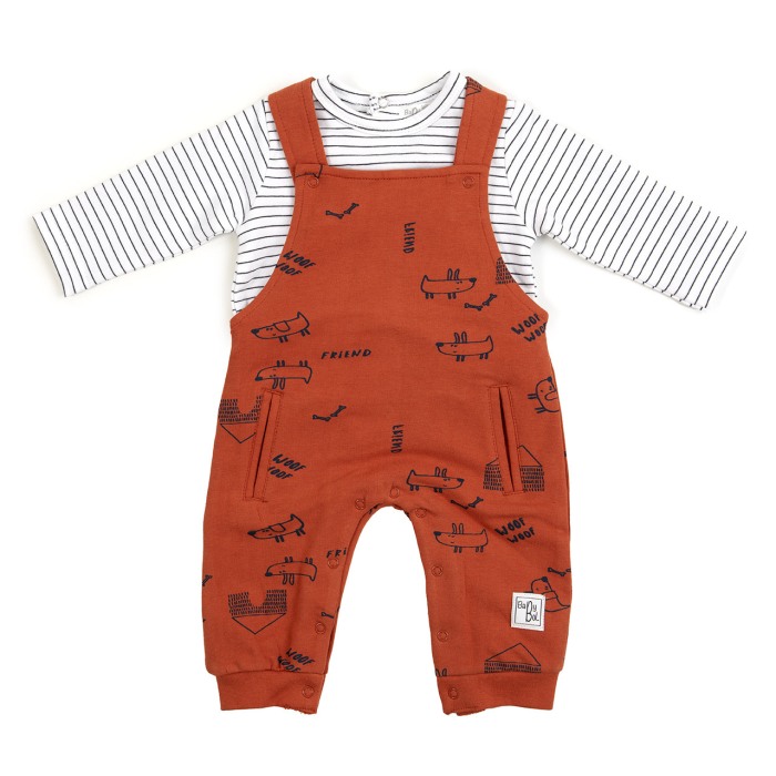 Set bebe baiat , salopeta bumbac caramizie si tricou in dungi , Babybol [1]