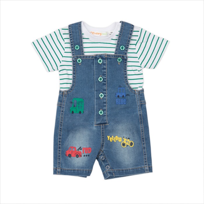 Set bebe baiat salopeta cu bretele blugi si tricou maneca scurta, 1 luna , 56 cm [1]