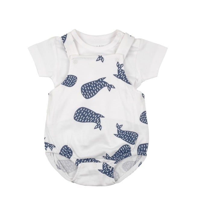 Set bebe baiat, salopeta cu bretele si tricou, imprimeu balene, bumbac organic,Babybol [1]