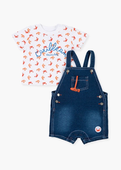 Set bebe baiat salopeta jeans strech cu tricou imprimeu raci, Losan [1]