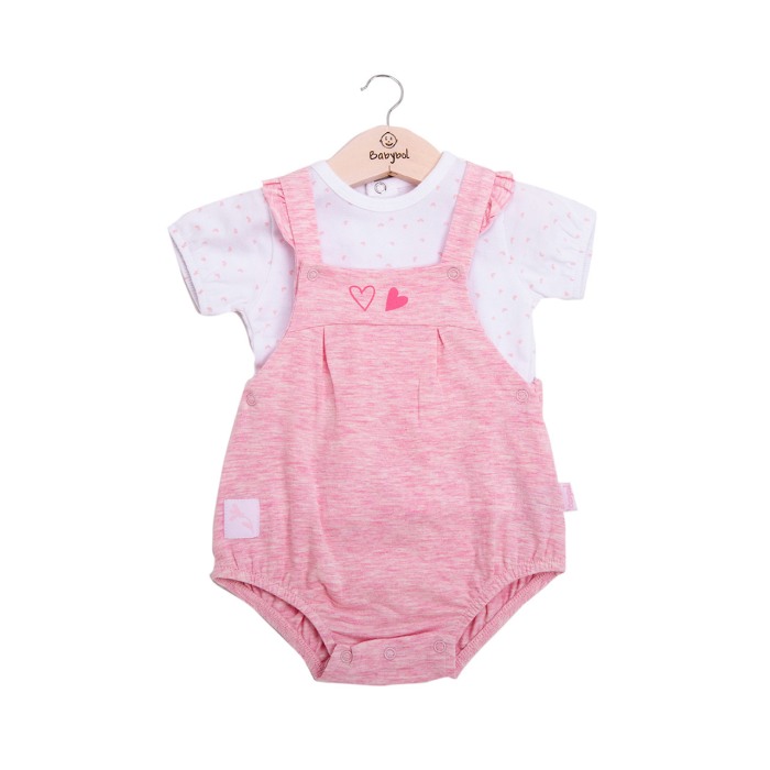 Set bebe fetita salopeta roz cu tricou maneca scurta, bumbac, Babybol [1]
