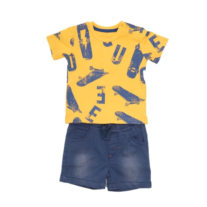 Set vara baiat 2 piese, tricou galben si pantalon scurt albastru, imprimeu skateboard,Babybol [1]