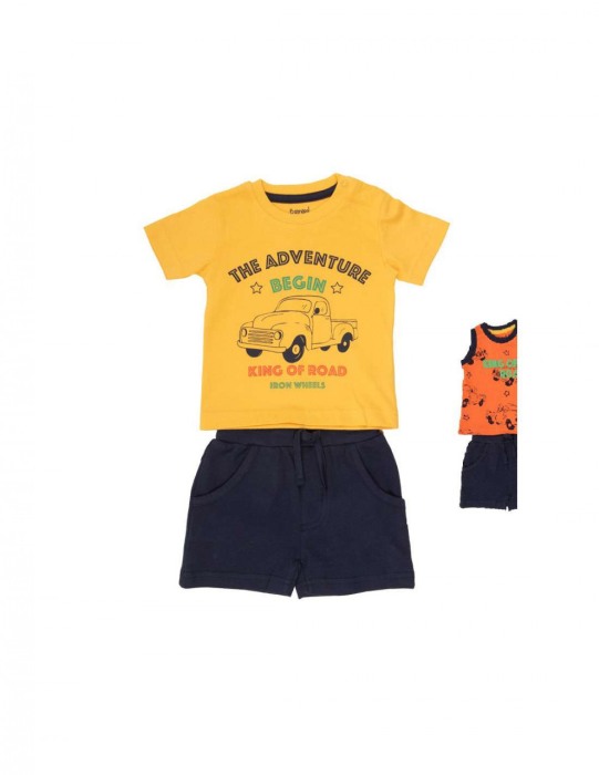Set vara baiat bumbac 3 piese, tricou galben , maieu orange si pantalon scurt navy, Babybol [1]