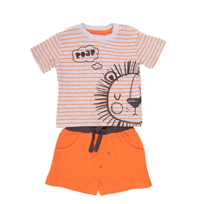 Set vara bumbac baiat, tricou dungi portocaliu cu pantalon scurt, Babybol [1]
