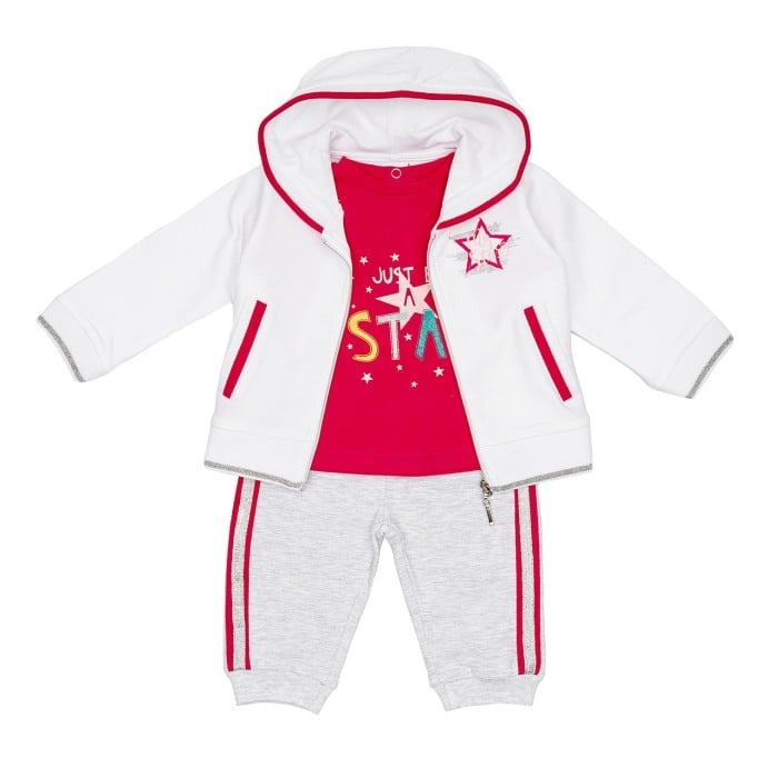 Trening 3 piese fetita, tricou maneca scurta , hanorac alb cu gluga, bumbac, Babybol [1]