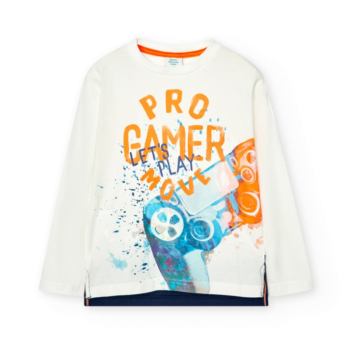 Tricou bumbac maneca lunga baiat, imprimeu text, alb, Boboli [1]