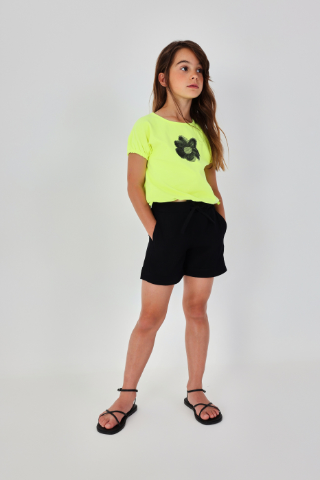 Tricou fete 8-14 ani, floaredin strasuri negre, culoare neon, brand Boboli [2]