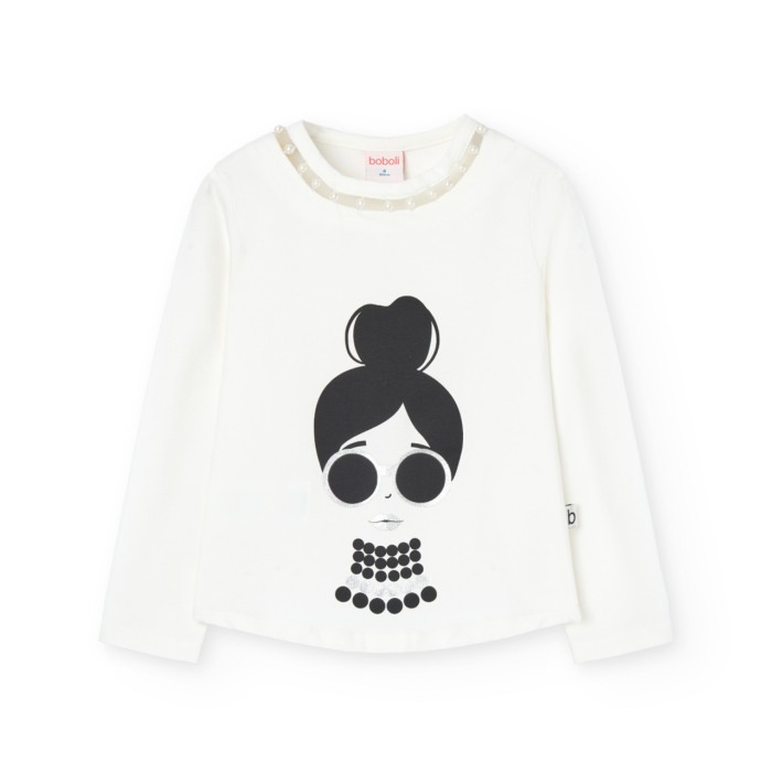 Tricou fete CHIC, ornat cu perle la guler, alb, Boboli [1]
