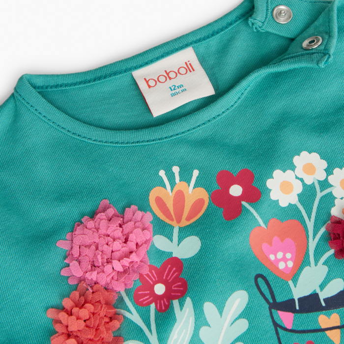 Tricou fetite cu maneca lunga, aplicatii florale, turcoaz, brand Boboli [3]
