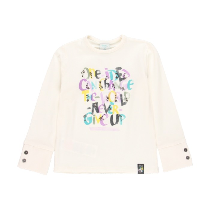 Tricou maneca lunga fete, bumbac, imprimeu text, strasuri, alb natural, brand Boboli [1]