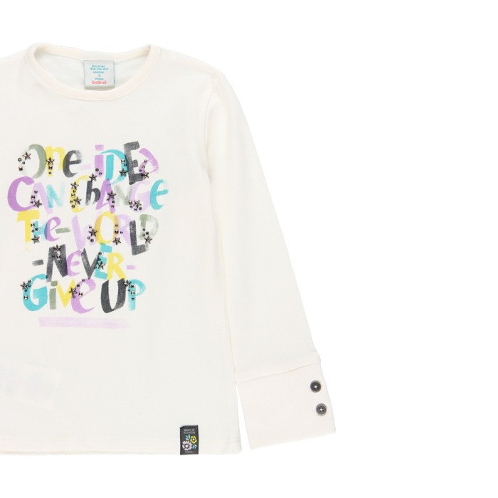 Tricou maneca lunga fete, bumbac, imprimeu text, strasuri, alb natural, brand Boboli [3]