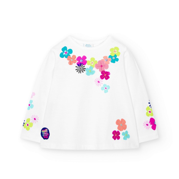 Tricou maneca lunga fete, imprimeu si aplicatii florale, bumbac better cotton, alb, Boboli [1]