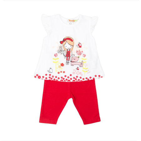Colectie fete/ baieti primavara-vara - Compleu vara fetite cu colant rosu, imprimeu fetita, bumbac, brand Babybol