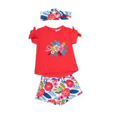 Compleu 2/3 piese maneca scurta - Compleu 2 piese bebe fetita cu bandana, imprimeu floral, fucsia, brand Babybol