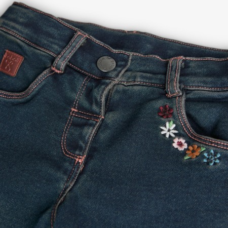 Blugi evazati fetita, broderie florala buzunare, dark denim, Boboli [3]