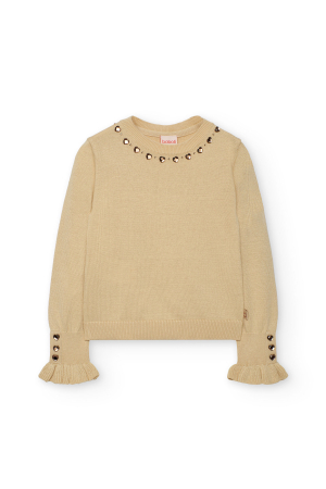 Pulovere/Bolero tricot - Bluza eleganta din tricot fete 4-14ani, pietre decorative aplicate, bej, brand Boboli
