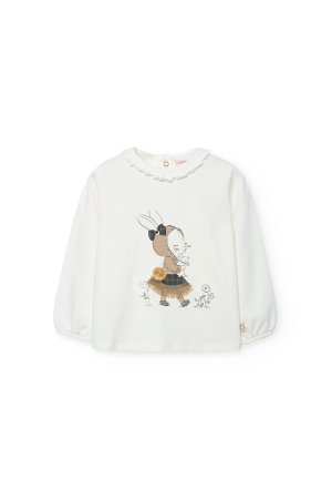 Tricouri maneca lunga - Bluza eleganta fetite, bumbac better cotton, imprimeu iepuras, crem, brand Boboli