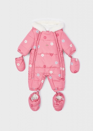 Geci /Salopete/Veste iarna - Combinezon iarna bebe fetita, roz cu flori multicolore, Mayoral