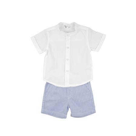 Set 2/3 piese maneca scurta - Compleu 2 piese baiat, bumbac, camasa alba cu pantaloni scurti bleu, Babybol