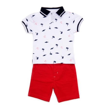 Set 2/3 piese maneca scurta - Compleu 2 piese baiat, tricou polo si pantalon scurt rosu, imprimeu pesti, Babybol