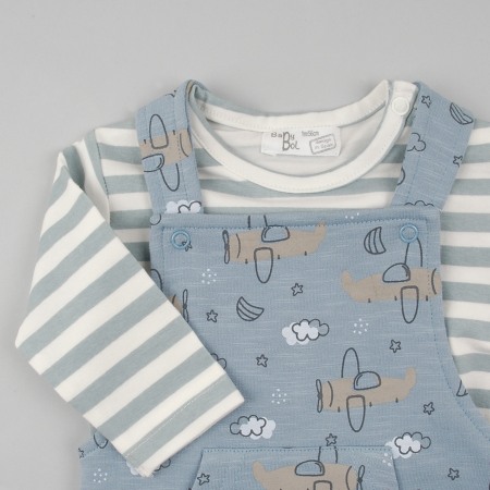 Compleu bebe baiat, bumbac oeko tex, salopeta imprimeu avioane, brand Babybol [2]
