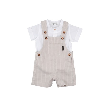 Set 2/3 piese maneca scurta - Compleu bebe baiat , camasa alba cu salopeta bej cu dungi, bumbac, Babybol