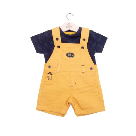 Set 2/3 piese maneca scurta - Compleu bebe baiat, salopeta cu bretele bebe si tricou maneca scurta, mustar, Babybol