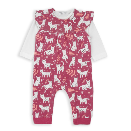 Compleu 2/3 piese - Compleu bebe bumbac, salopeta +tricou maneca lunga, imprimeu pisici, grena, brand Babybol