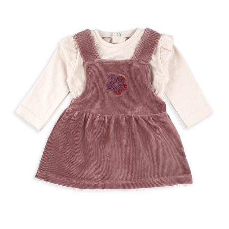 Compleu 2/3 piese - Compleu bebe fetita, sarafan raiat cu bluza bumbac bej, roz pudra, brand Babybol