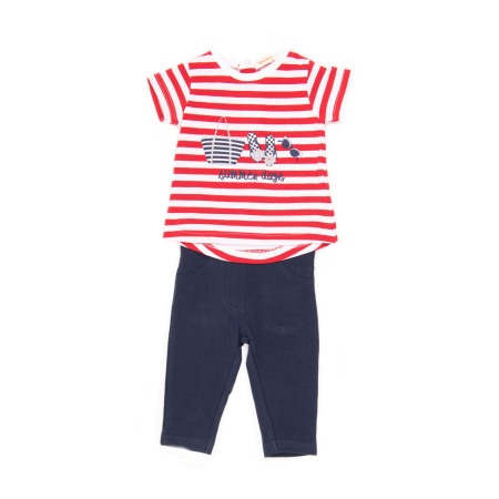 Set tricou maneca scurta/Pantalon lung - Compleu fete din bumbac , tricou dungi rosii si colant navy, Babybol