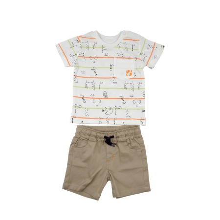 Set 2/3 piese maneca scurta - Compleu vara 2 piese baiat, tricou bumbac, pantalon scurt bej, brand Babybol