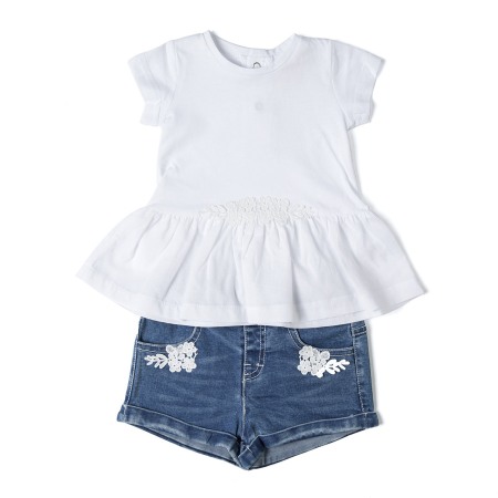 Set 2/3 piese maneca scurta - Compleu vara fete, bluza alba cu pantaloni scurti jeans, Babybol
