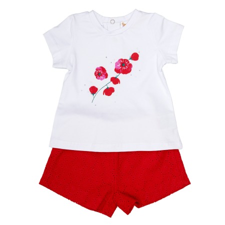 Fete/Baieti 2- 16 ani - Compleu vara fete, tricou alb si pantaloni scurti rosii, broderie, Babybol