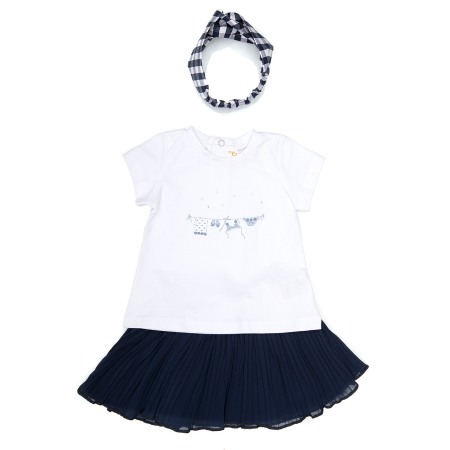 Fete - Compleu vara fete tricou, fusta plisee navy si bandana, Babybol