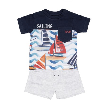 Fete/Baieti 2- 16 ani - Complu vara bumbac baiat, imprimeu barcute, navy, Babybol