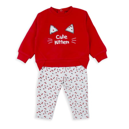 Set 2/3 piese maneca lunga - Costumas 2 piese fetite bumbac, broderie pisicuta, imprimeu floral, brand Babybol