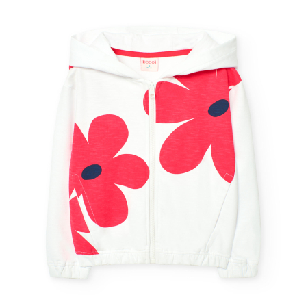 Hanorace/Jachete jersey - Hanorac cu gluga fetite 1-8 ani, bumbac better cotton, imprimeu floare rosie, alb, brand Boboli