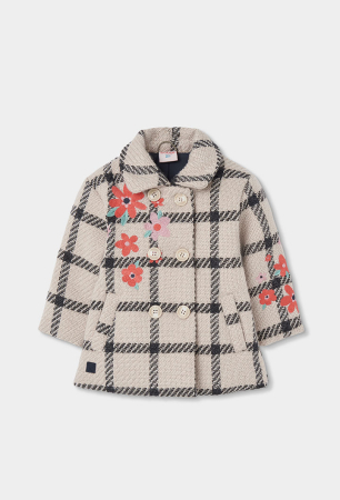 Haina blana/Paltoane - Palton fetite elegant, matlasat, broderie florala rosu si roz, carouri, brand BOBOLI