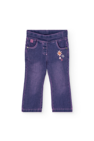 Blugi/Pantaloni lungi - Pantaloni evazati fete, broderie florala buzunar, mov, brand BOBOLI