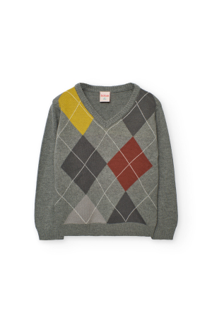 Pulovere/Jachete tricot - Pulover baieti 4-16 ani, carouri gri/caramiziu, brand Boboli