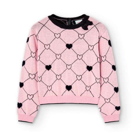 Pulovere/Bolero tricot - Pulover tricot fete, imprimeu inimioare negre, roz, Boboli