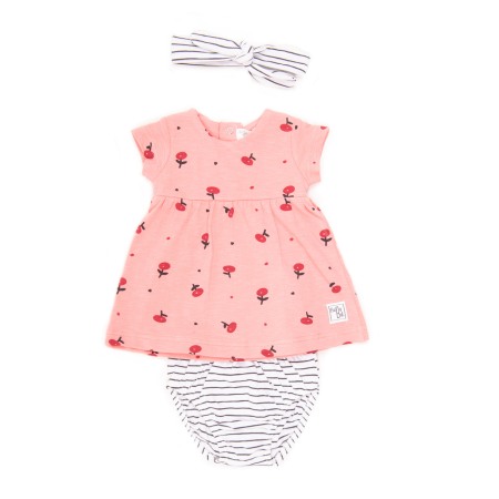 Set 2/3 piese bebe - Rochie Babybol bebe fetita cu chilot si bandana cap, bumbac, roz