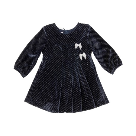 Fete - Rochie bebe fetita catifea cu fundita argintie, bleumarin, Babybol