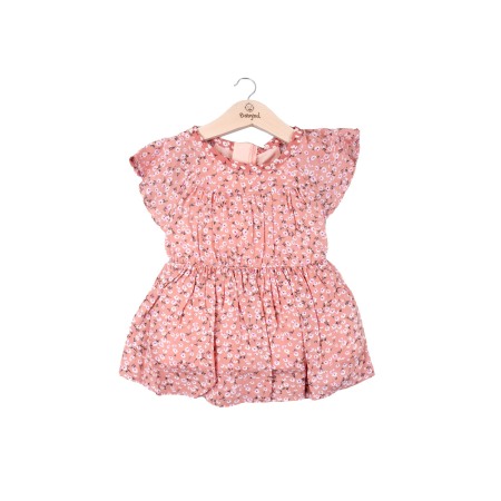 Fete - Rochie bebe fetita cu maneca scurta, bumbac, imprimeu flori, roz, Babybol