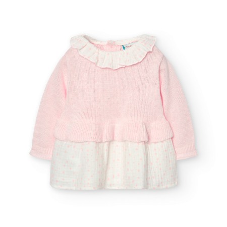 Fete - Rochie bebe fetita din tricot combinat cu muselina, roz, Boboli