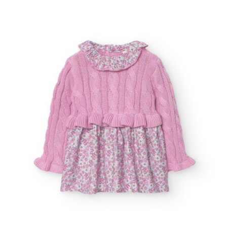 Fete - Rochie bebe fetita tricot, fusta imprimeu floral, roz, brand Boboli